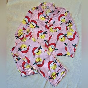 Christmas Holiday pink satin pajama set, Smiley santa, Sz. XL(14)